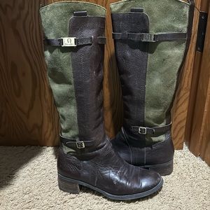 Etienne Aigner Colton Boots Tall Green Suede Brown Leather Equestrian Womens 7